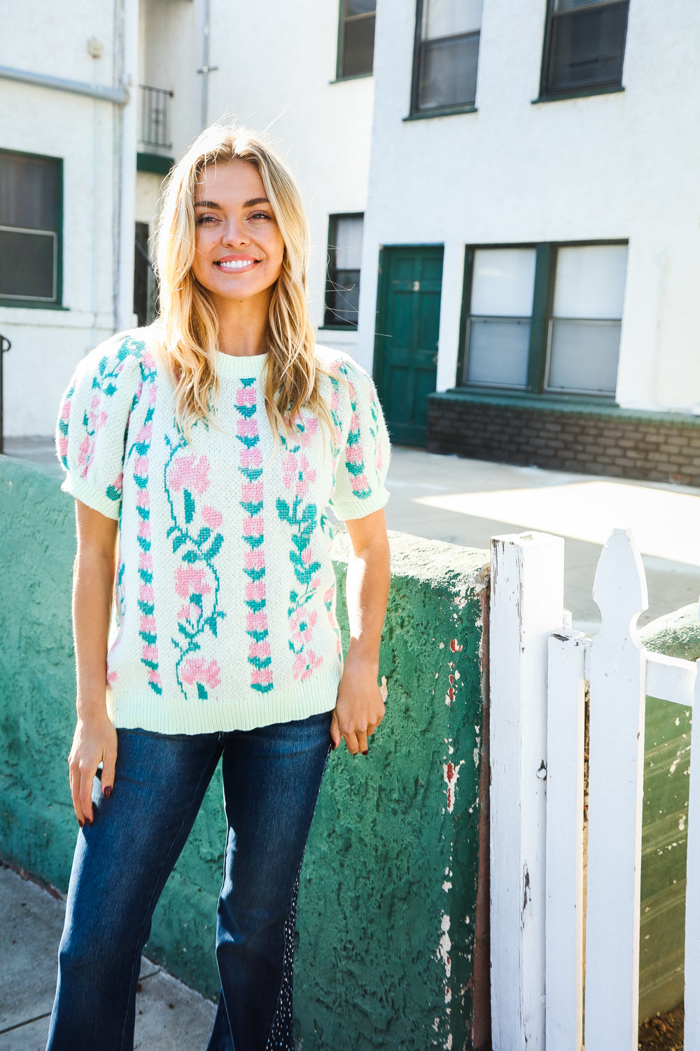 All For Love Mint Jacquard Floral Bubble Sleeve Sweater Top (Open Pack)