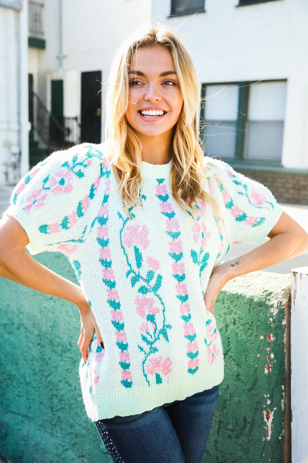 All For Love Mint Jacquard Floral Bubble Sleeve Sweater Top (Open Pack)