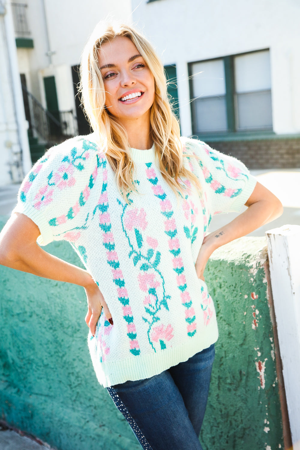 All For Love Mint Jacquard Floral Bubble Sleeve Sweater Top (Open Pack)