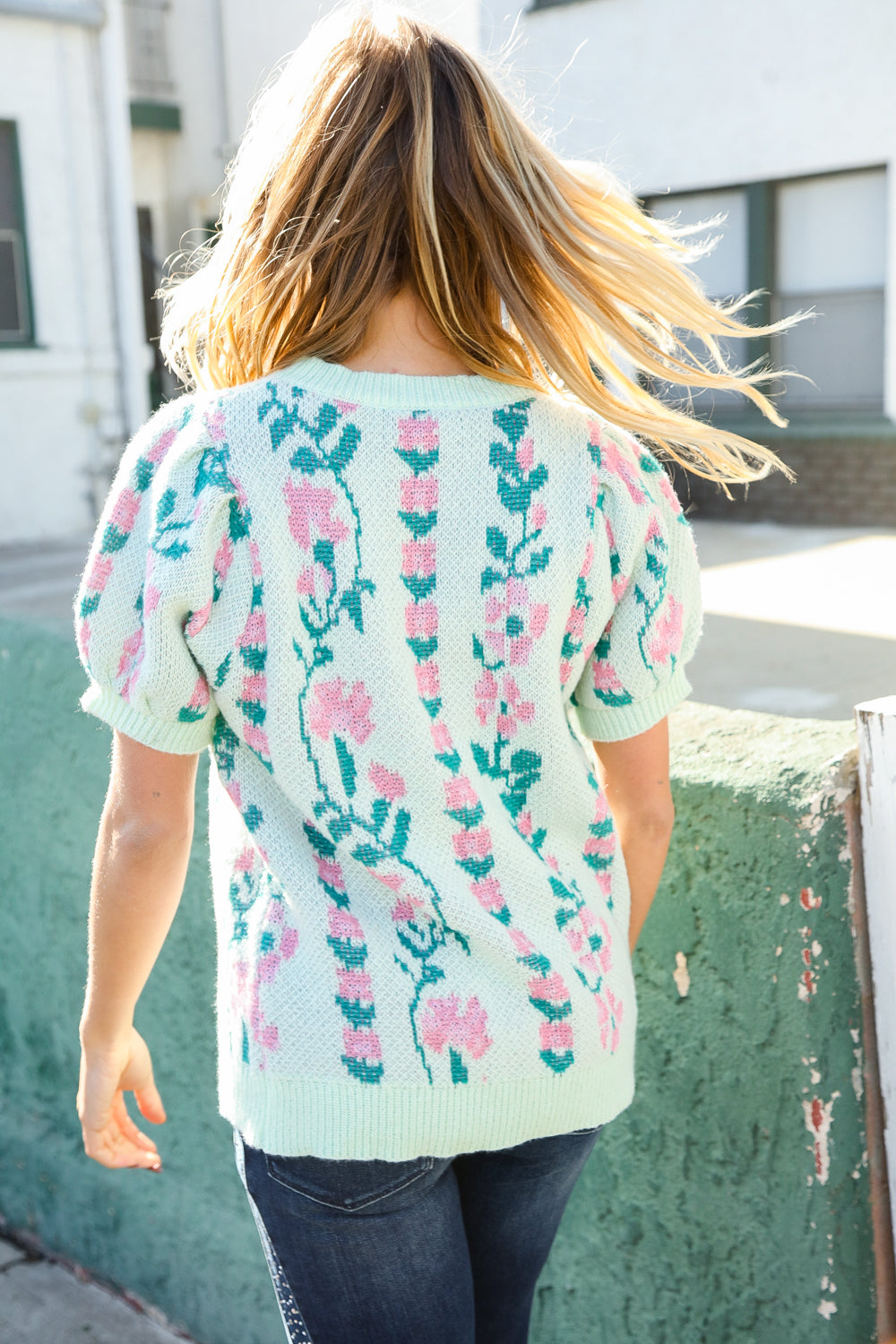All For Love Mint Jacquard Floral Bubble Sleeve Sweater Top (Open Pack)
