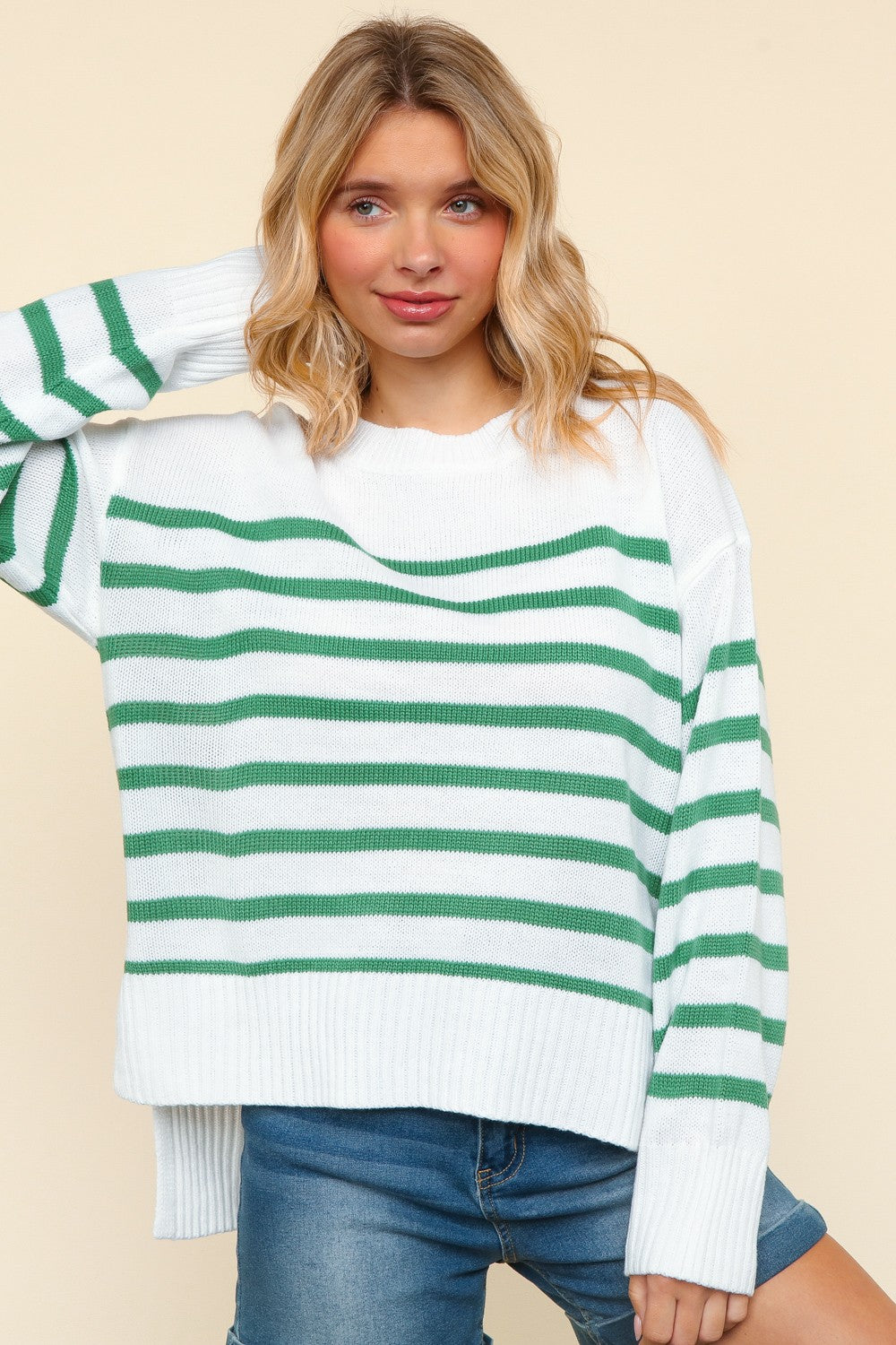 WHITE & GREEN LOOSE FIT HIGH LOW PULLOVER STRIPE SWEATER