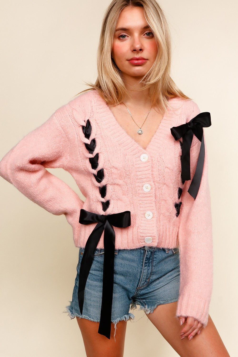 CABLE KNIT RIBBON BOW SWEATER CARDIGAN