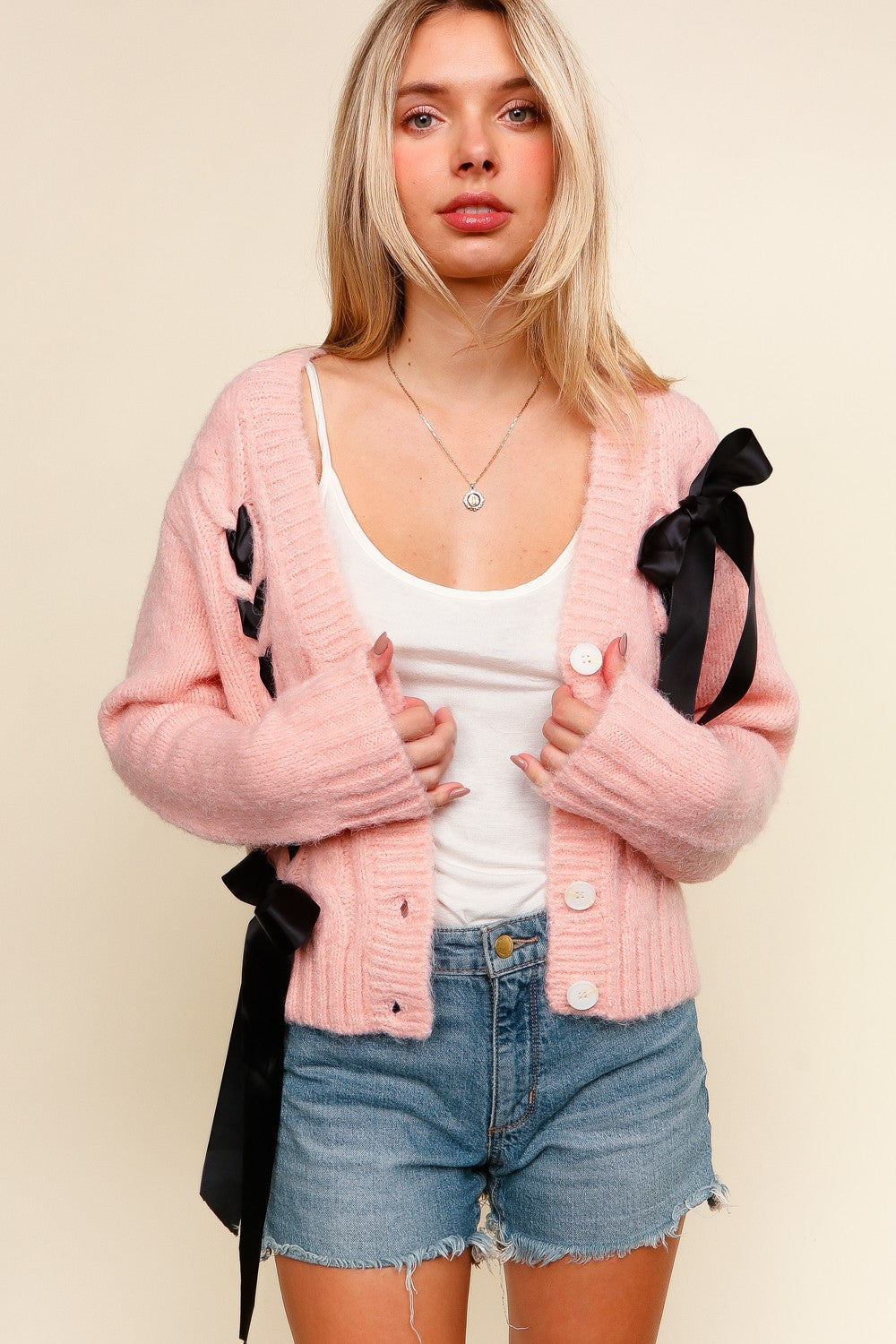 Cable Knit Ribbon Bow Sweater Cardigan