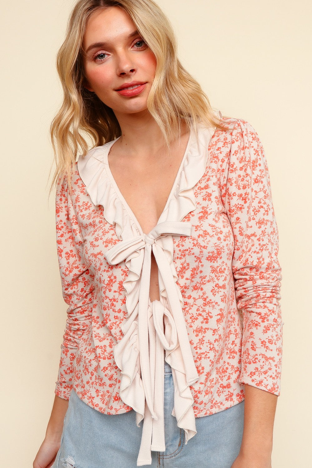 RUFFLE FLORAL RIBBON CARDIGAN