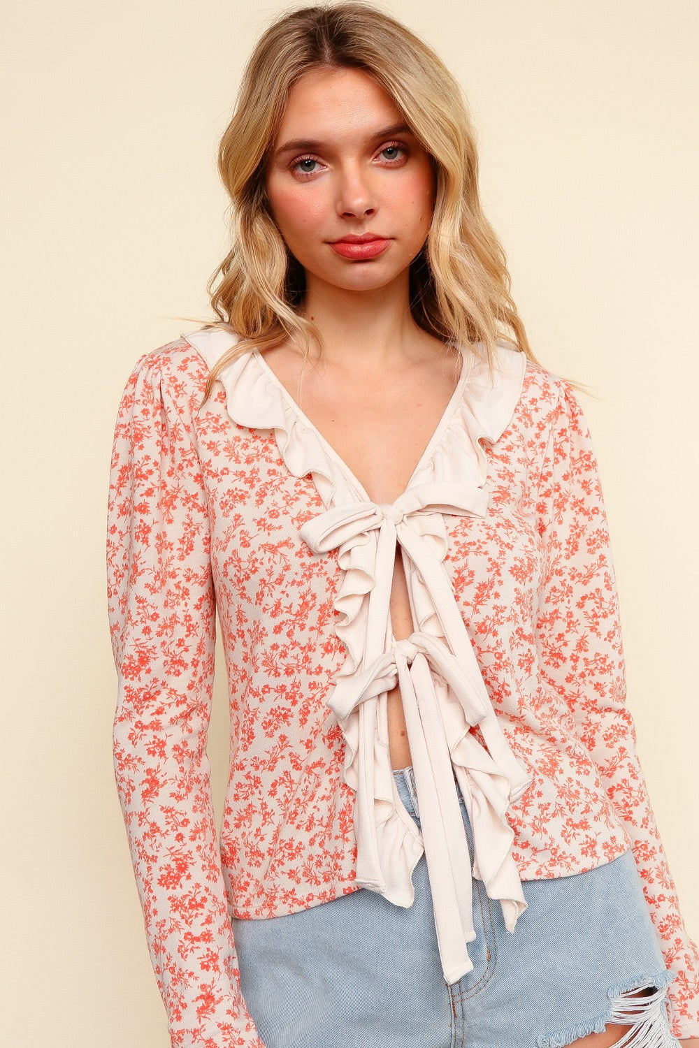 RUFFLE FLORAL RIBBON CARDIGAN