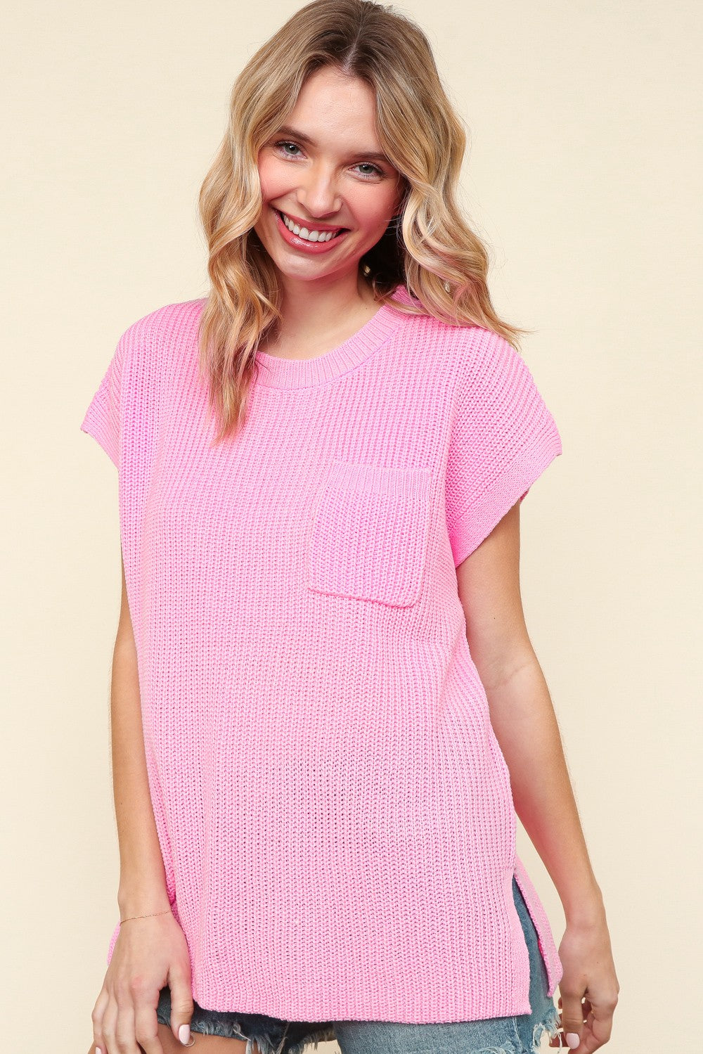BLUSH SHORT SLEEVE OVERSIZED SWEATER KNIT W/ POCKET