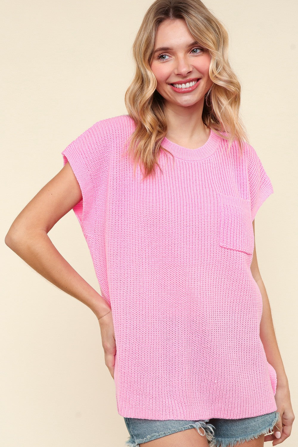 BLUSH SHORT SLEEVE OVERSIZED SWEATER KNIT W/ POCKET