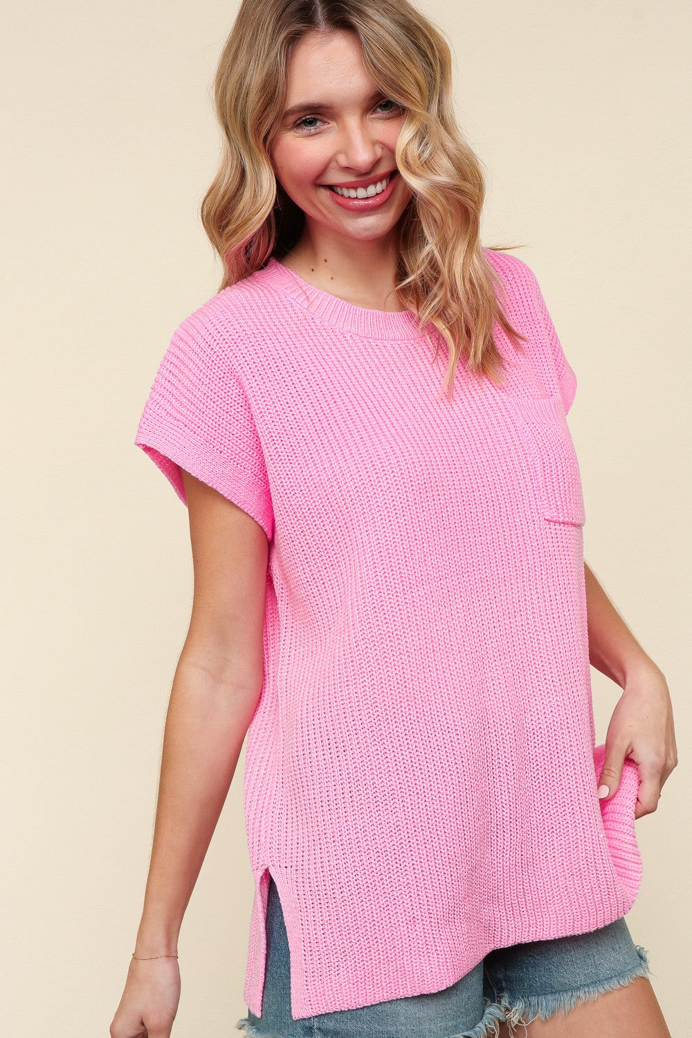 BLUSH SHORT SLEEVE OVERSIZED SWEATER KNIT W/ POCKET