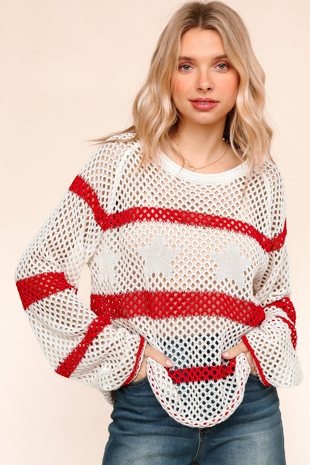 Stripe Crochet Loose Fit Pullover Sweater Top