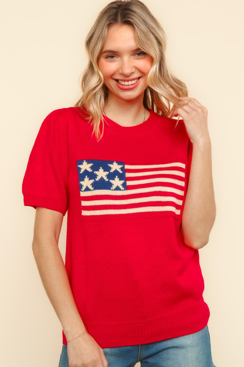 American Flag Jacquard Sweater Knit Top