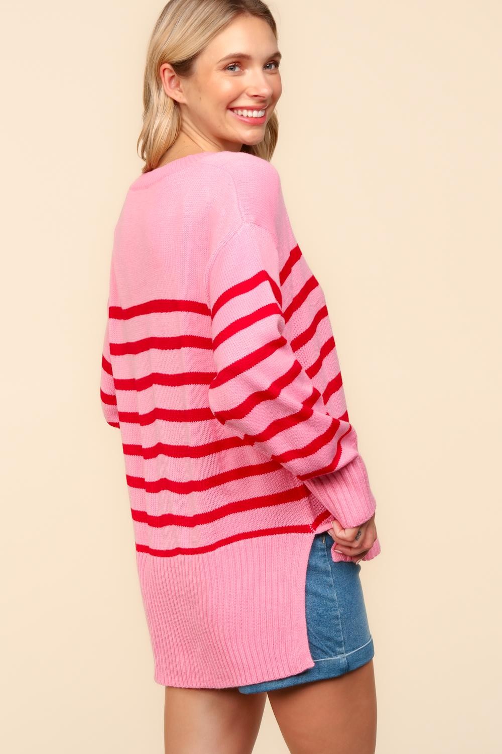 PINK LOOSE FIT HIGH LOW PULLOVER STRIPE SWEATER