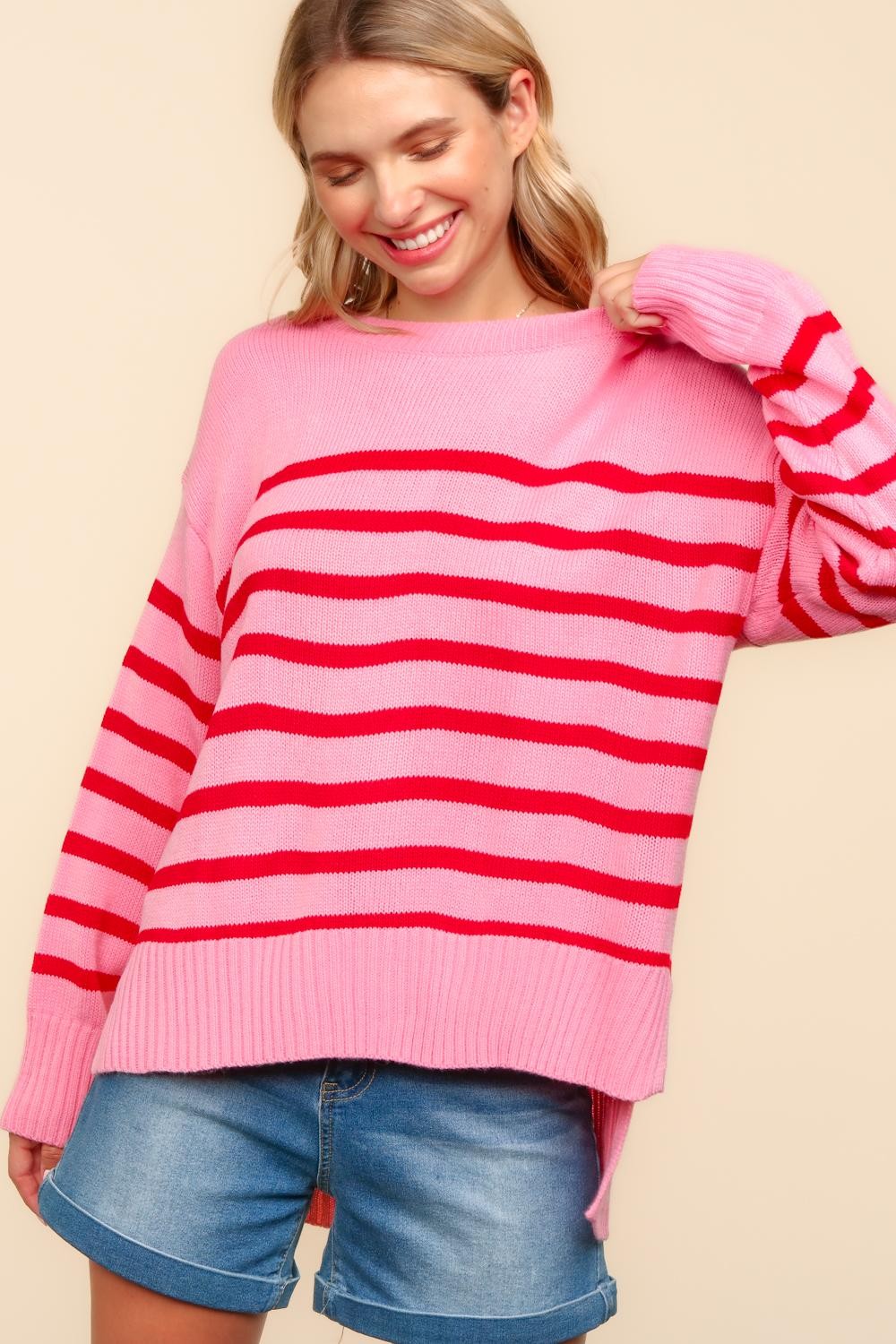PINK LOOSE FIT HIGH LOW PULLOVER STRIPE SWEATER