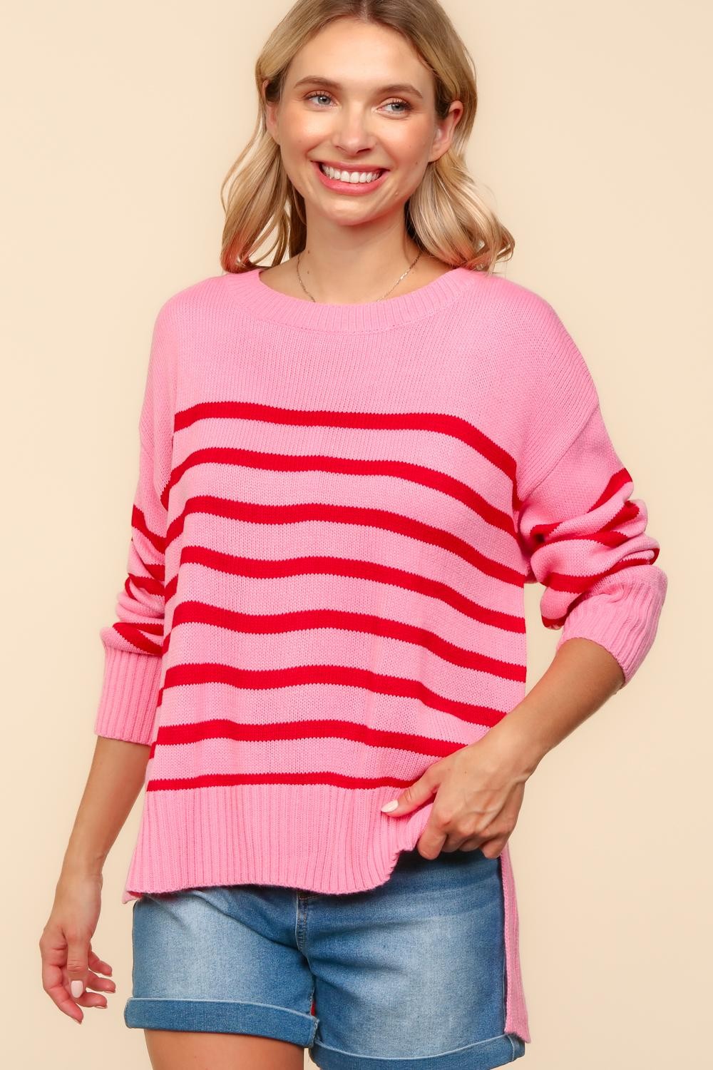 PINK LOOSE FIT HIGH LOW PULLOVER STRIPE SWEATER