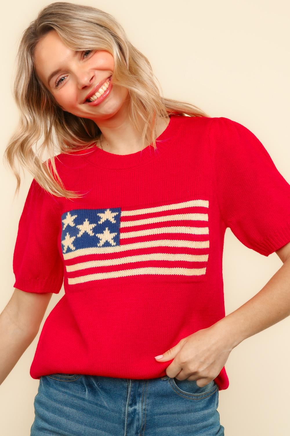 American Flag Jacquard Sweater Knit Top