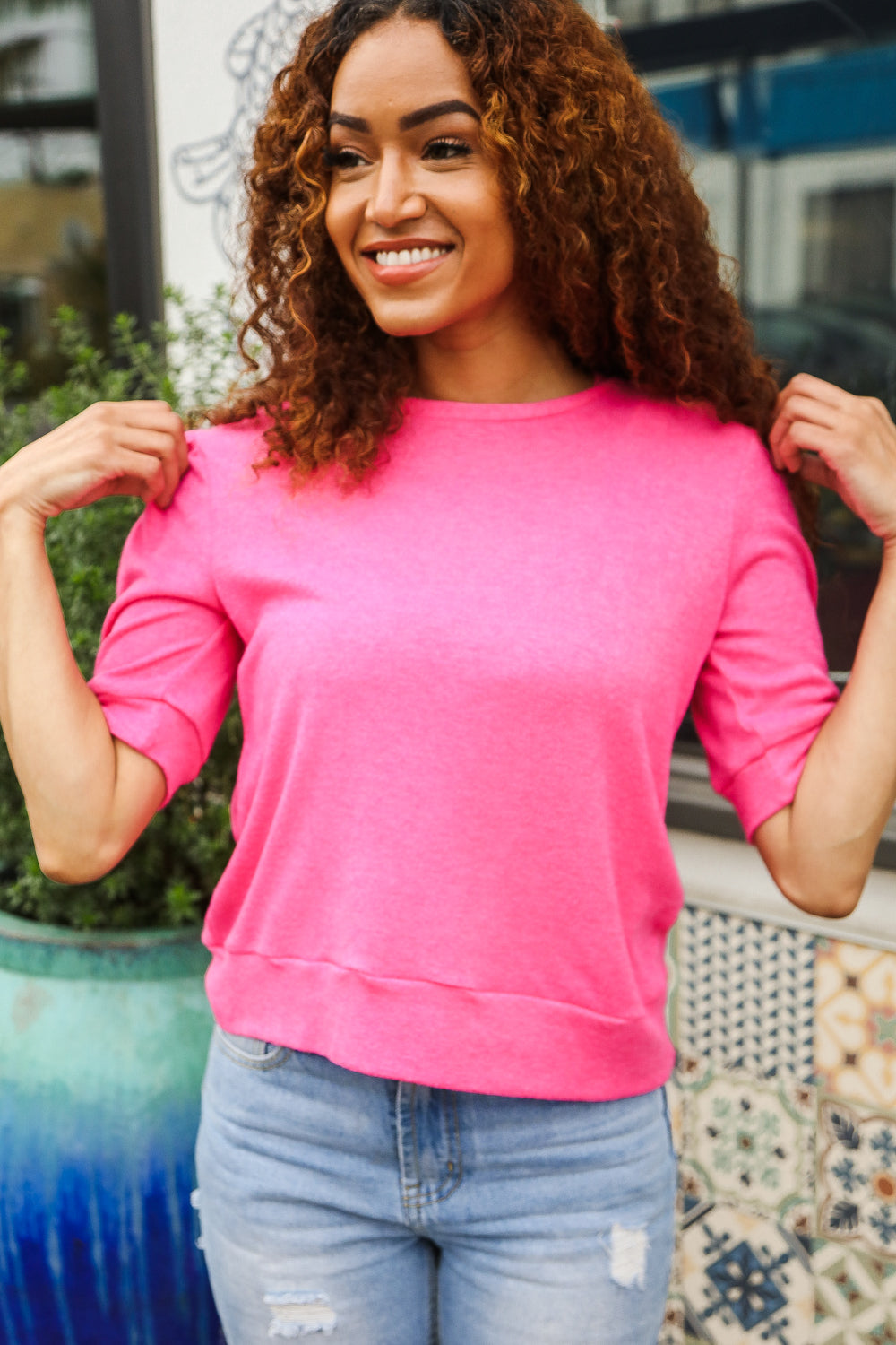 Pretty In Pink Mock Neck With Back Ribbon Bow Tie Sweater Top (Open Pack)