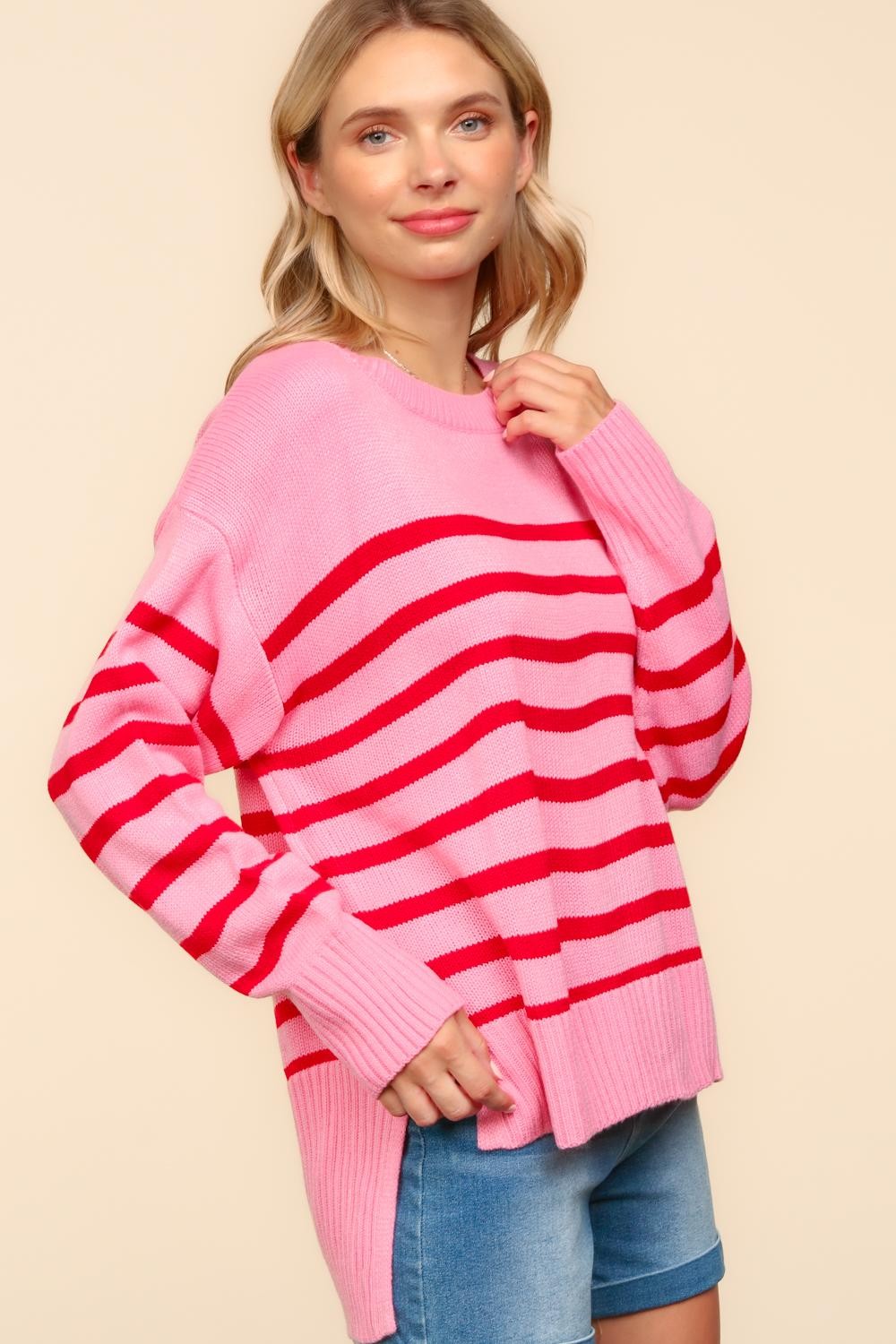 PINK LOOSE FIT HIGH LOW PULLOVER STRIPE SWEATER