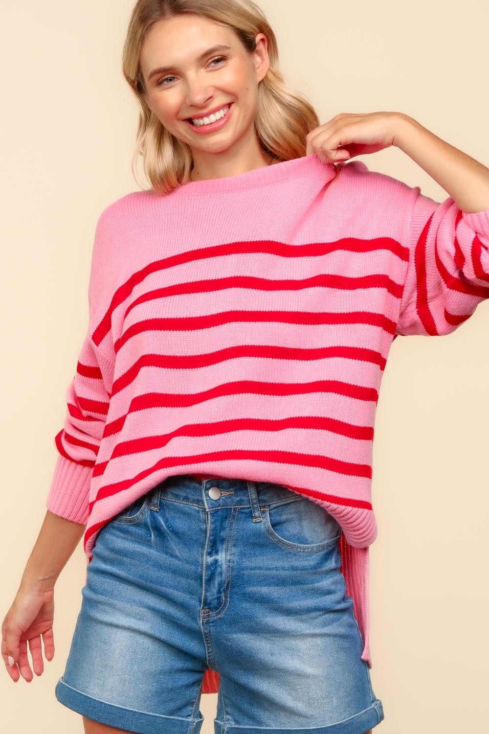 PINK LOOSE FIT HIGH LOW PULLOVER STRIPE SWEATER