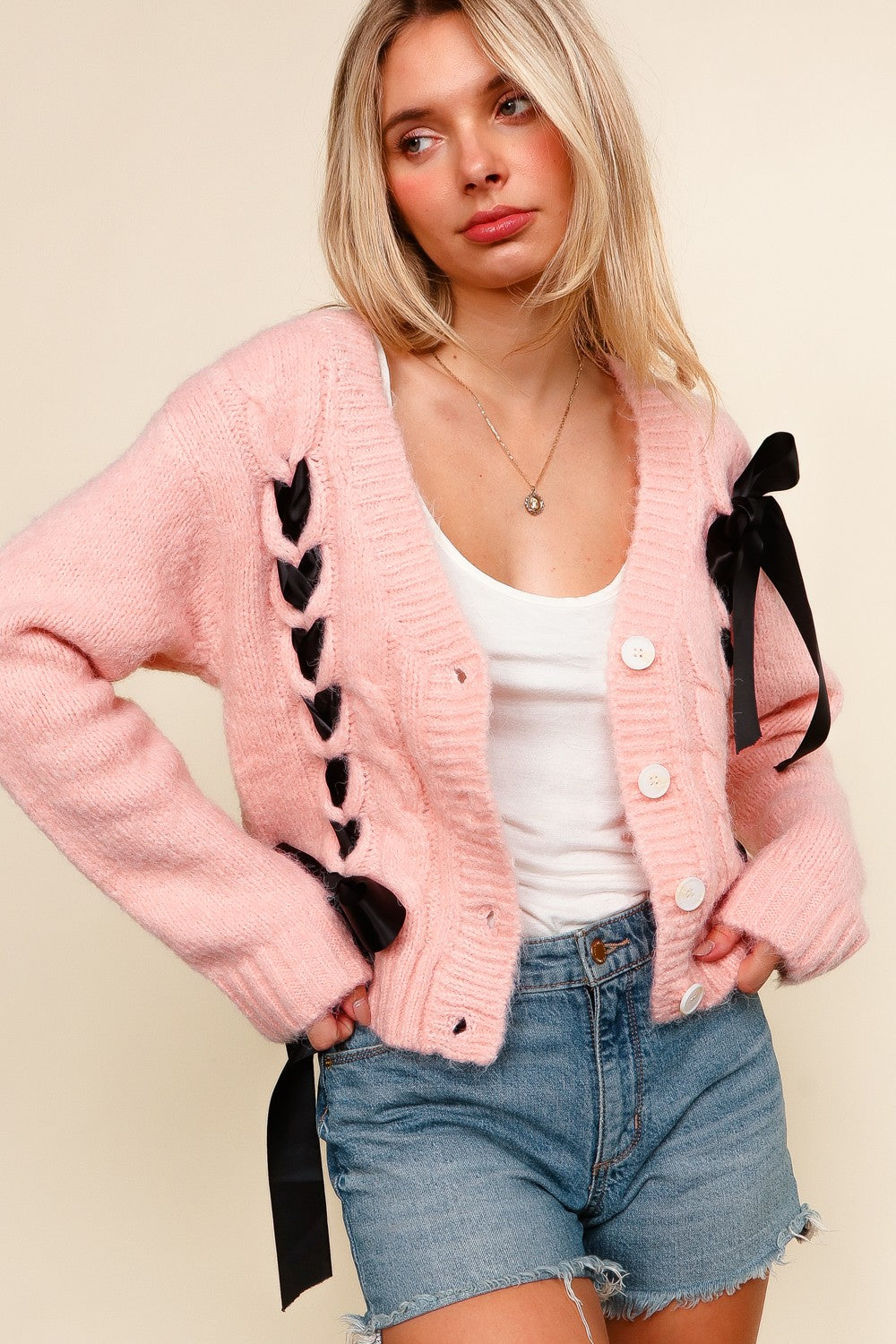 Cable Knit Ribbon Bow Sweater Cardigan