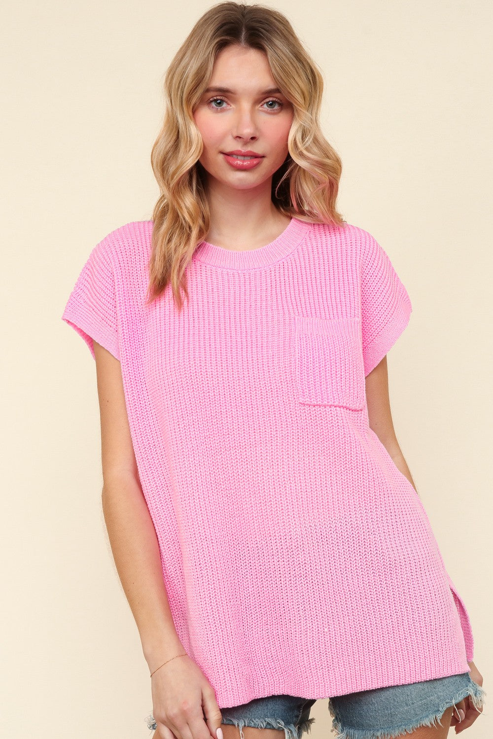 BLUSH SHORT SLEEVE OVERSIZED SWEATER KNIT W/ POCKET