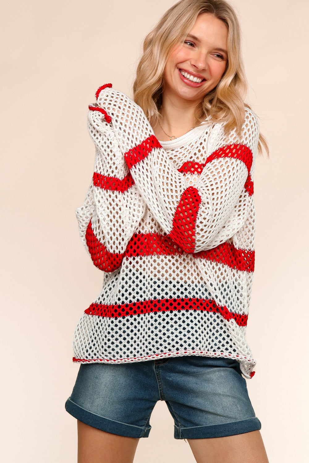 Stripe Crochet Loose Fit Pullover Sweater Top