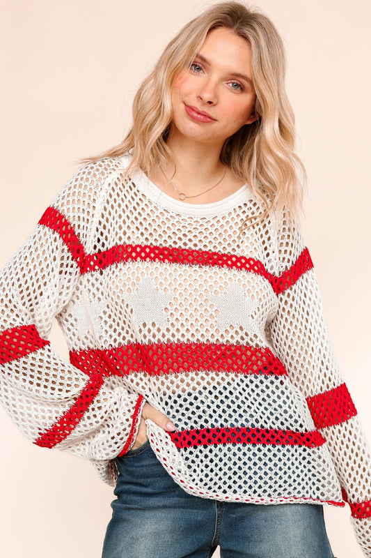 Stripe Crochet Loose Fit Pullover Sweater Top