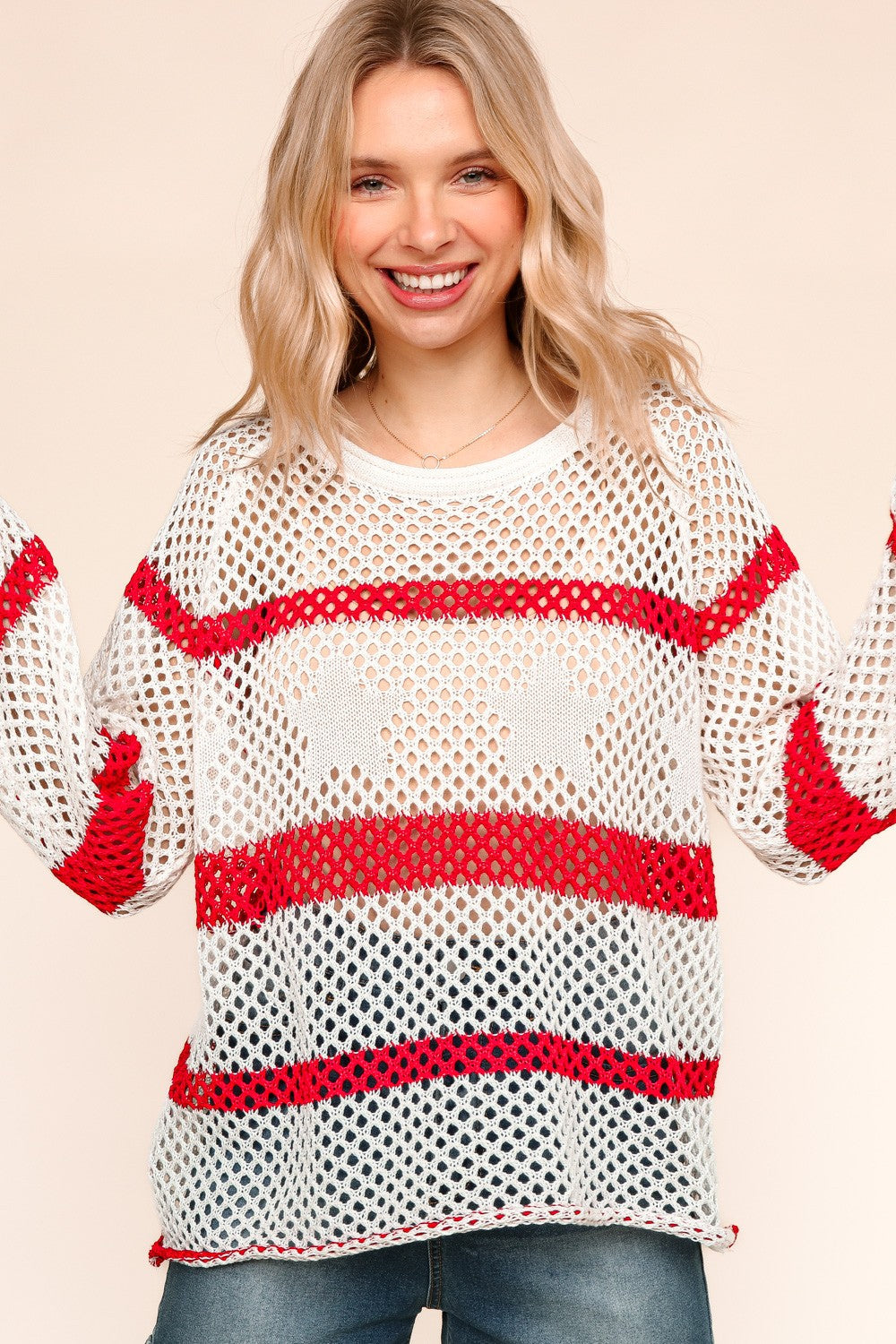 Stripe Crochet Loose Fit Pullover Sweater Top