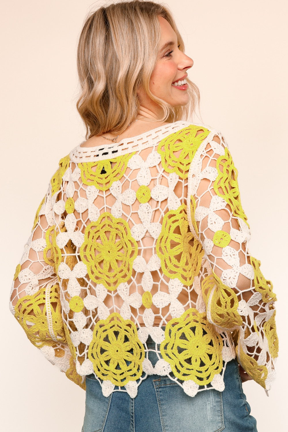 LIME FLORAL PATTERN CROCHET LACE SWEATER TOP