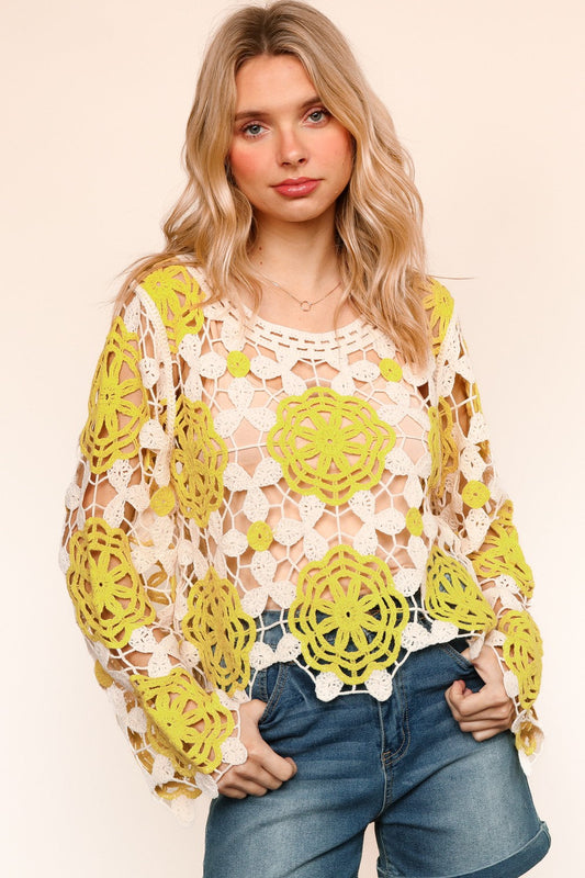 PLUS LIME FLORAL PATTERN CROCHET LACE SWEATER TOP