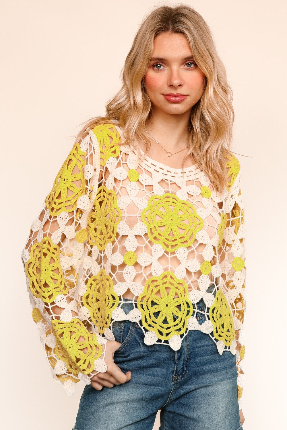 LIME FLORAL PATTERN CROCHET LACE SWEATER TOP