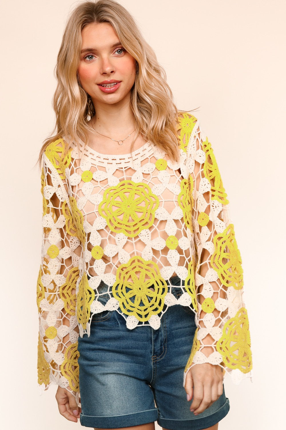 PLUS LIME FLORAL PATTERN CROCHET LACE SWEATER TOP