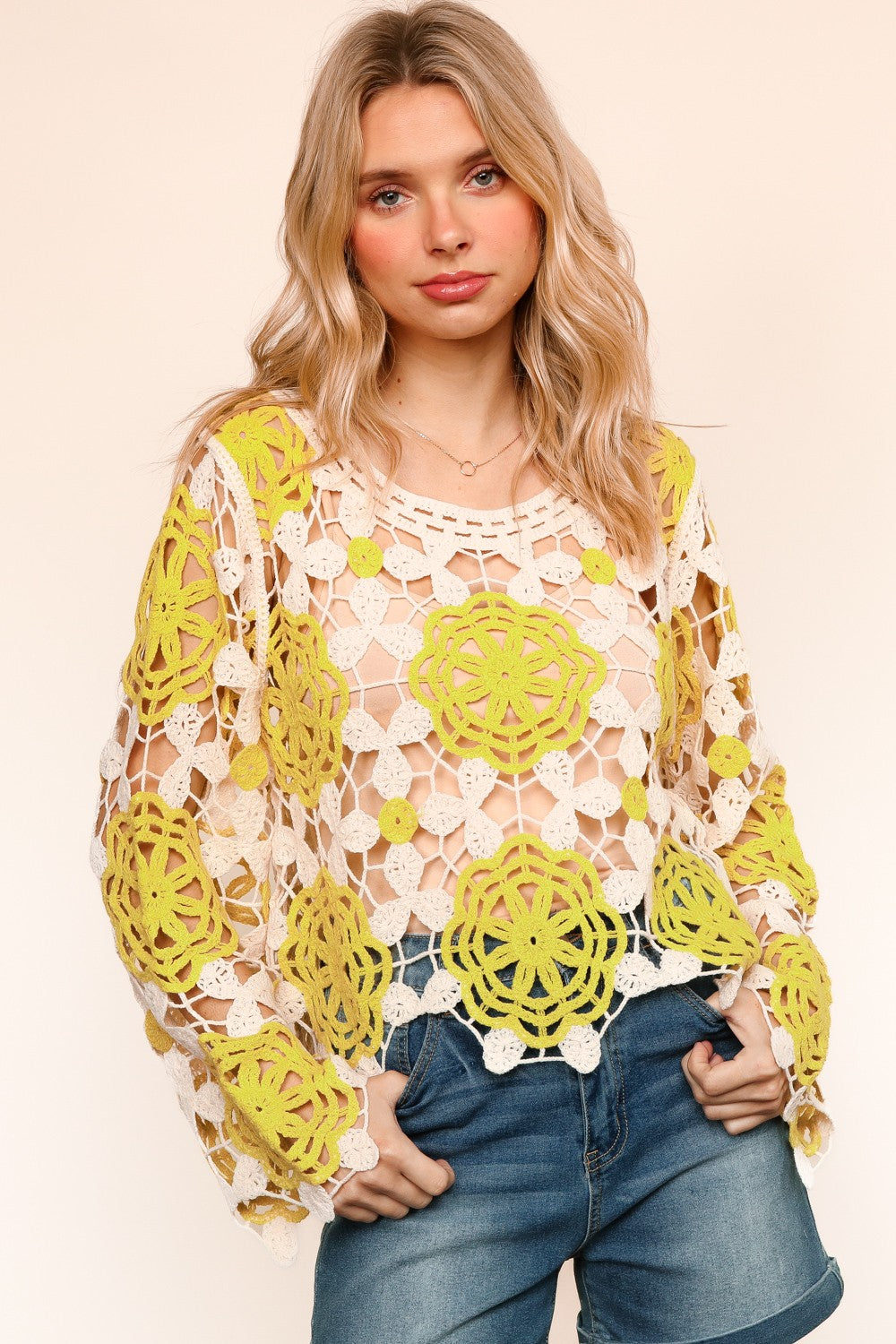 LIME FLORAL PATTERN CROCHET LACE SWEATER TOP