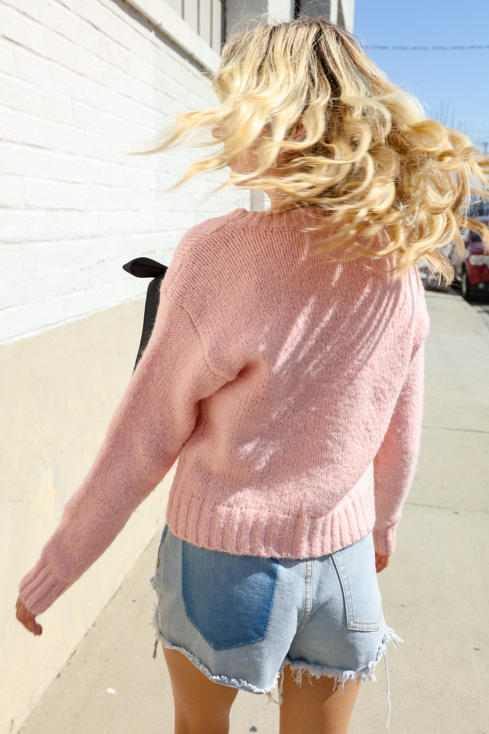 Find Love Pink Bow Detail Button Down Chunky Sweater Cardigan (Open Pack)