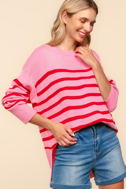 PINK LOOSE FIT HIGH LOW PULLOVER STRIPE SWEATER