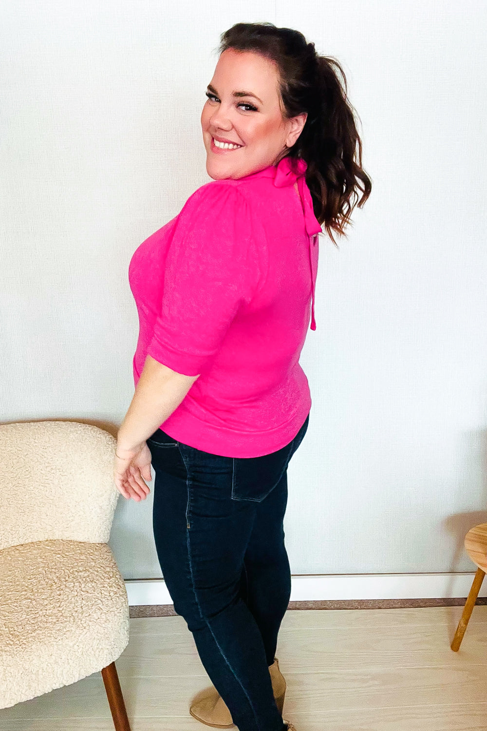 Pretty In Pink Mock Neck With Back Ribbon Bow Tie Sweater Top (Open Pack)