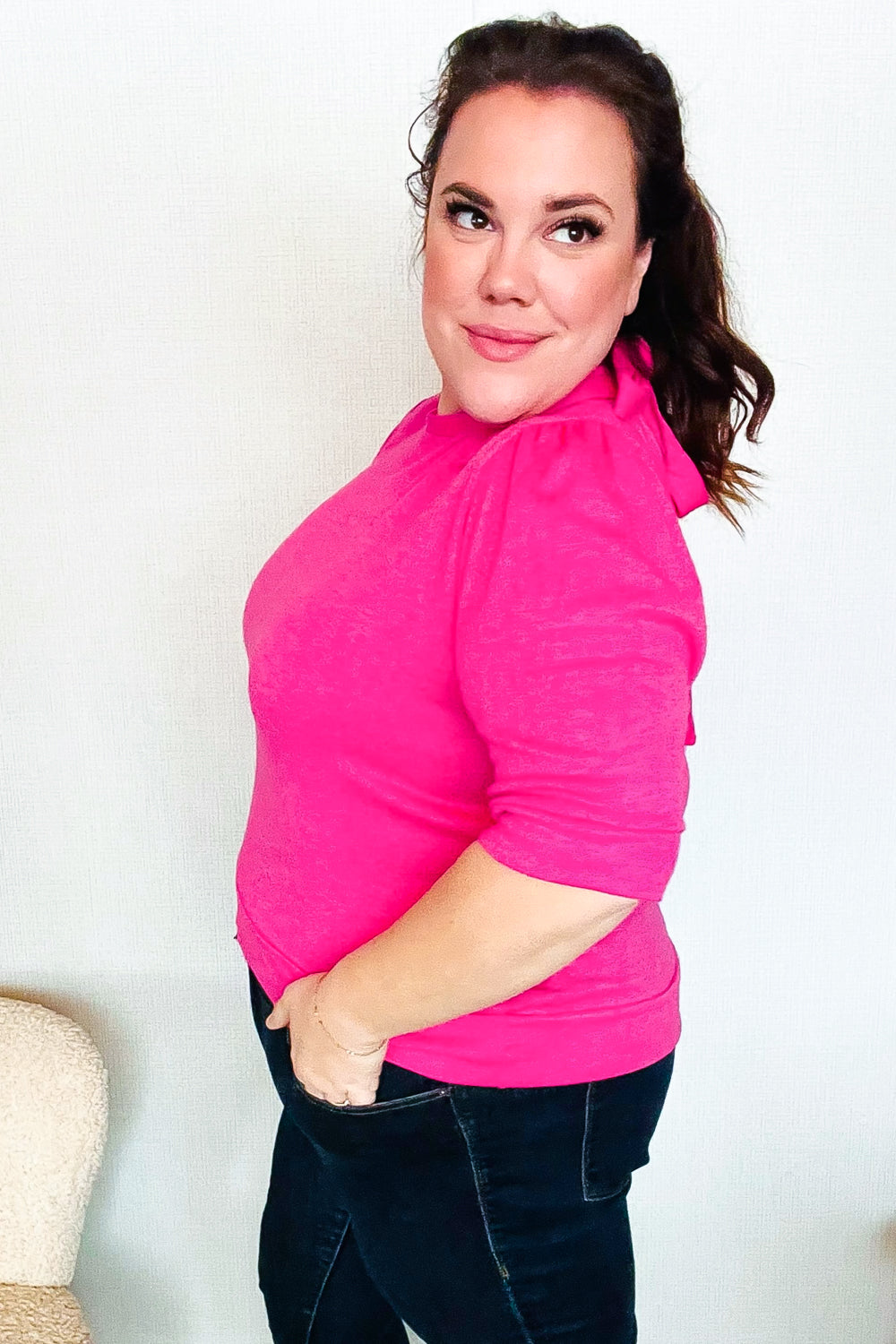 Pretty In Pink Mock Neck With Back Ribbon Bow Tie Sweater Top (Open Pack)