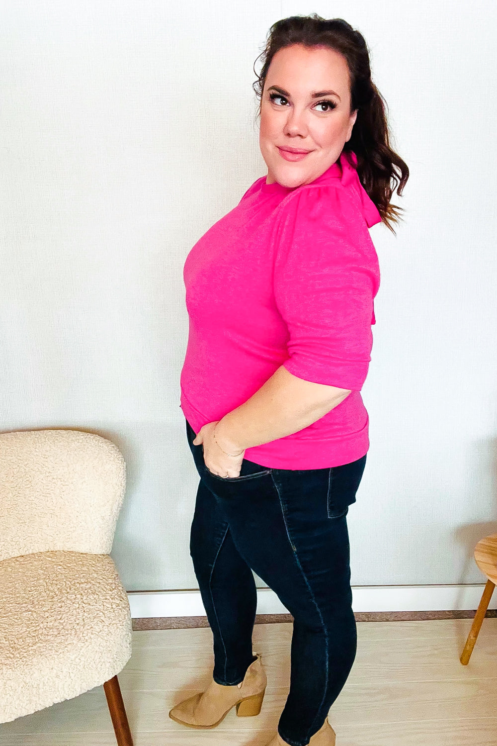Pretty In Pink Mock Neck With Back Ribbon Bow Tie Sweater Top (Open Pack)