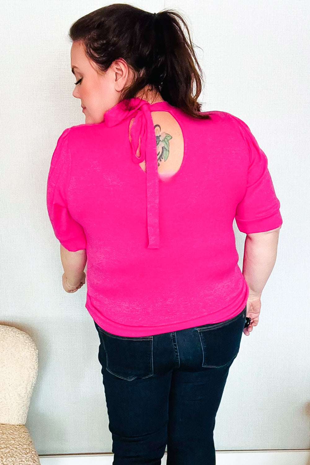 Pretty In Pink Mock Neck With Back Ribbon Bow Tie Sweater Top (Open Pack)