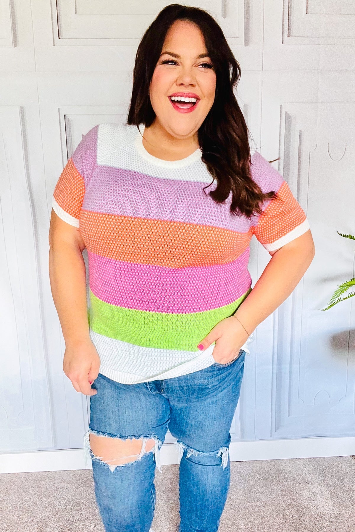 Get Started Lavender & Orange Stripe Jacquard Sweater Top (Open Pack)