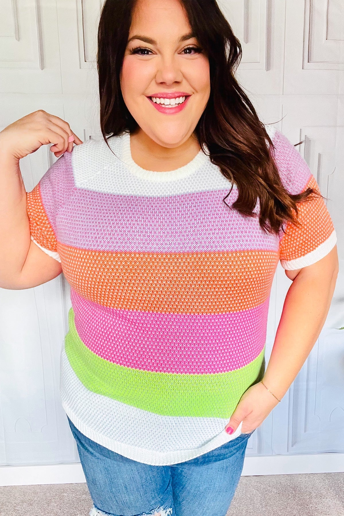 Get Started Lavender & Orange Stripe Jacquard Sweater Top (Open Pack)