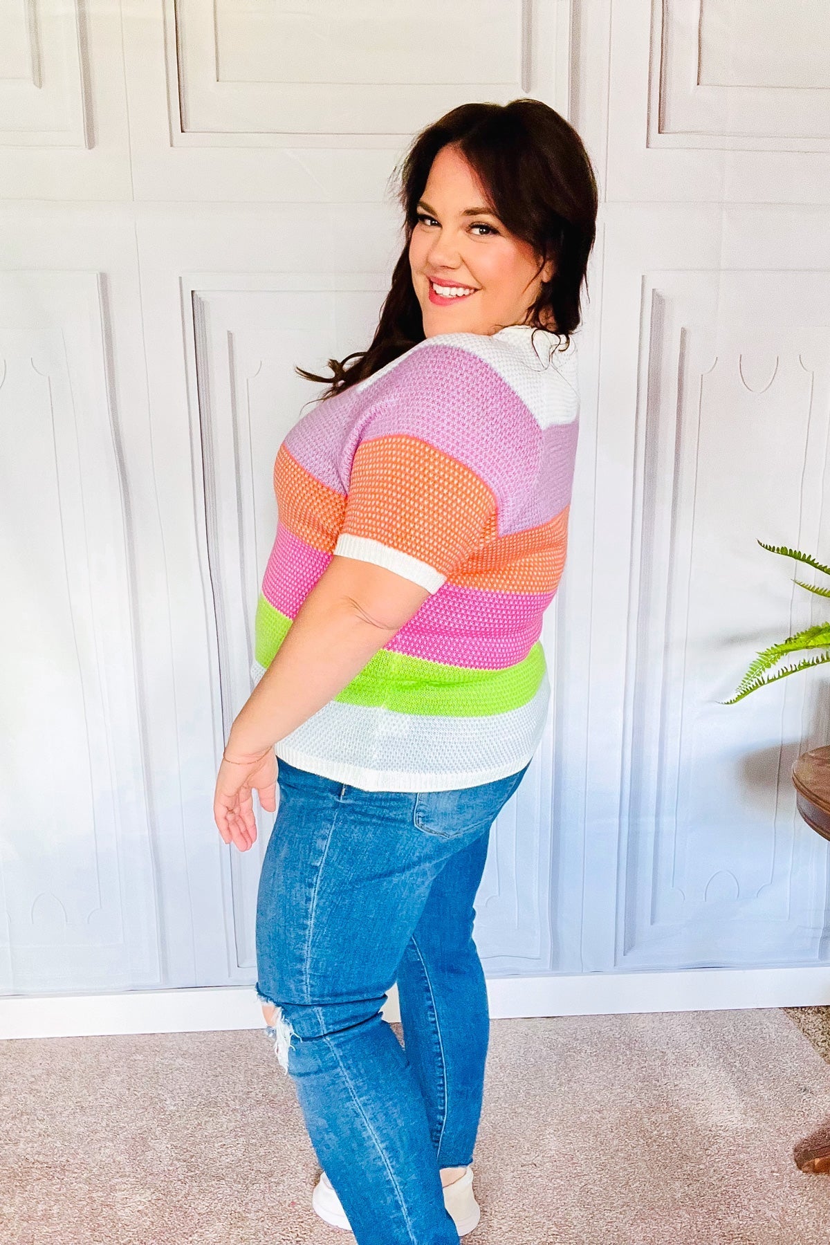 Get Started Lavender & Orange Stripe Jacquard Sweater Top (Open Pack)