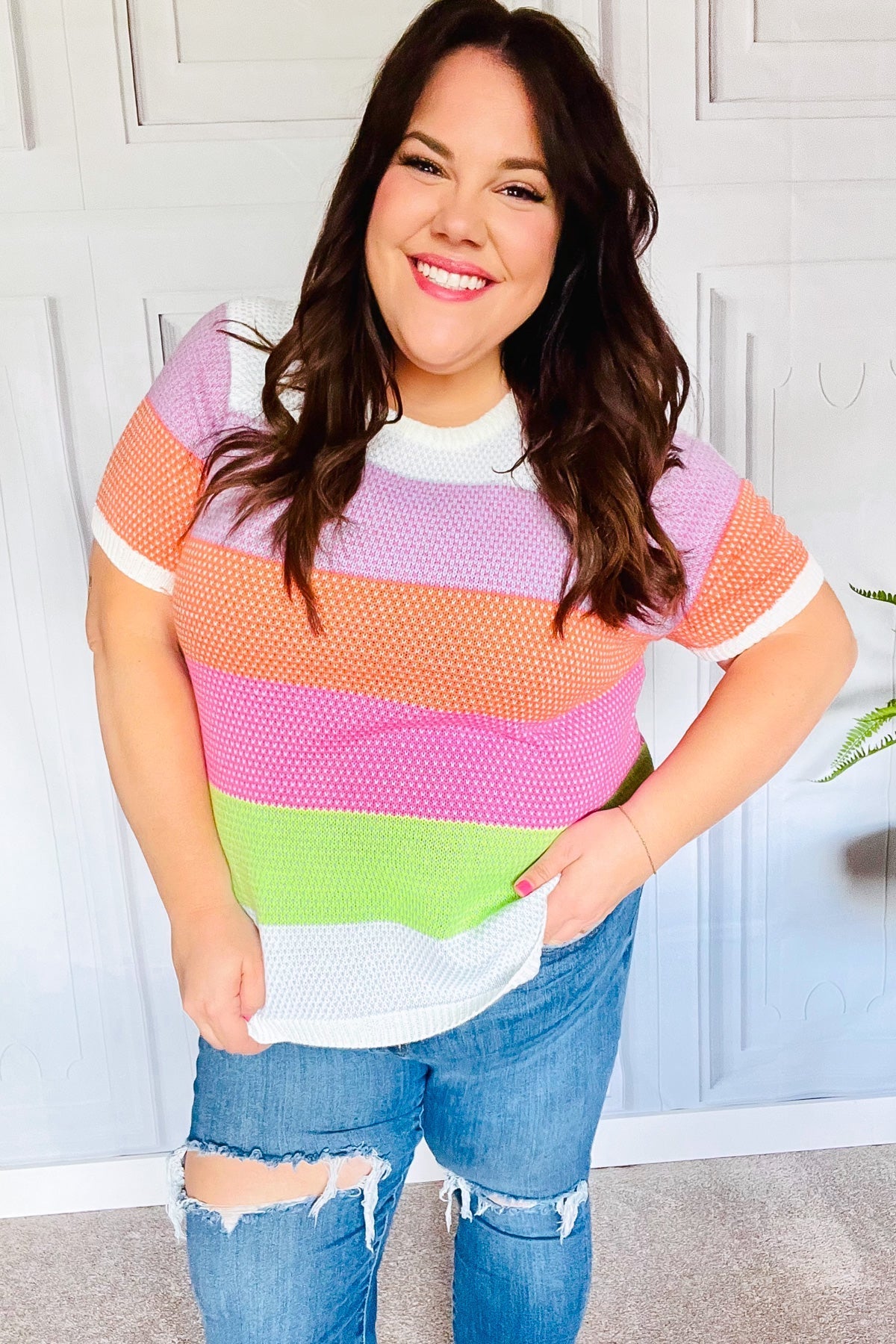 Get Started Lavender & Orange Stripe Jacquard Sweater Top (Open Pack)