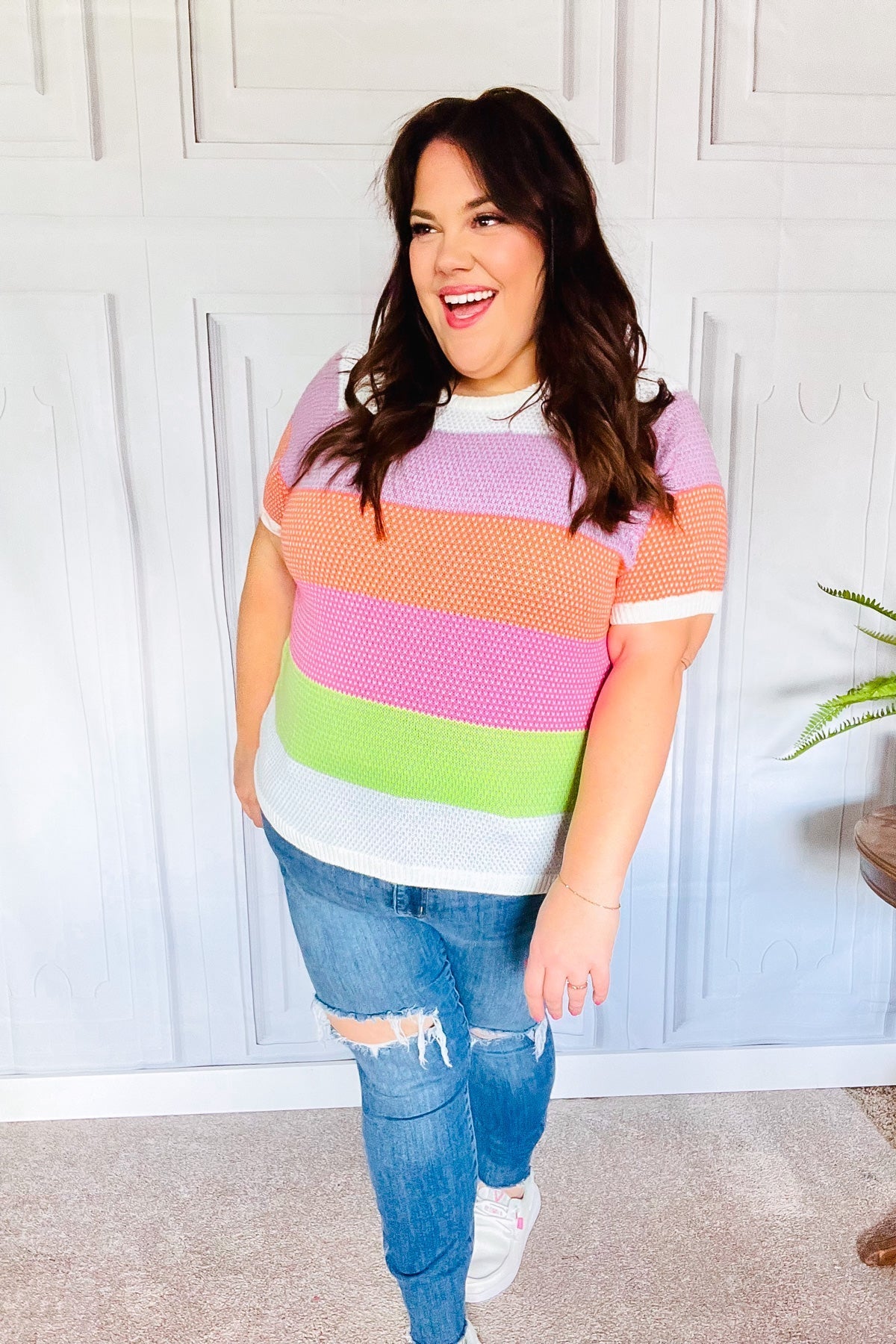 Get Started Lavender & Orange Stripe Jacquard Sweater Top (Open Pack)