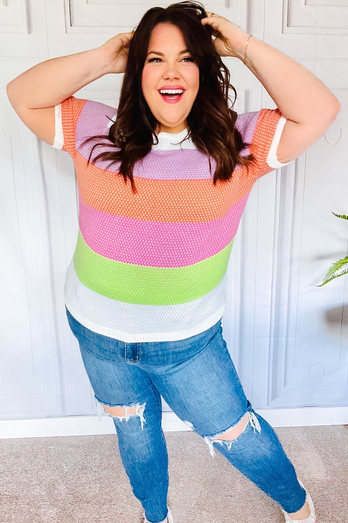Get Started Lavender & Orange Stripe Jacquard Sweater Top (Open Pack)