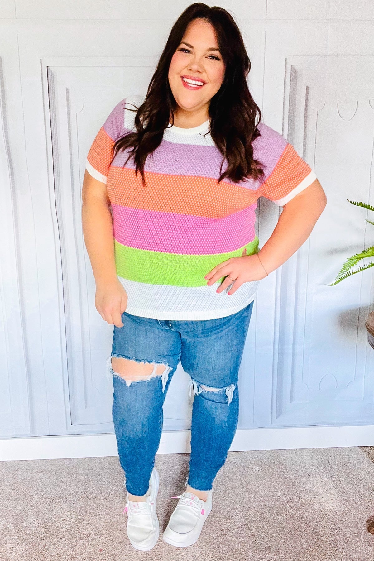 Get Started Lavender & Orange Stripe Jacquard Sweater Top (Open Pack)